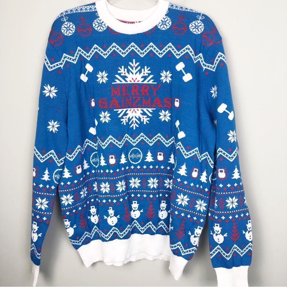UGLY CHRISTMAS SWEATER | Merry Gainzmas Weightlifting Bodybuilding Men’s Size XL
